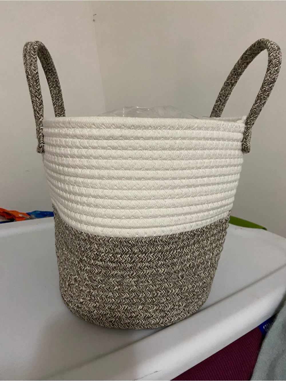 Two-Tone Woven Rope Plant Basket with plastic inner & Handles 10 X 10 X 9 “H